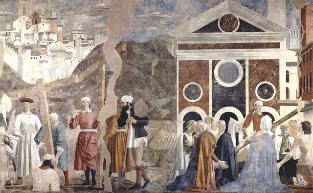 Holy Cross, The three crosses are discovered. An injured young man is healed by the True Cross. 15th-century frescoes at the Church of San Francesco, Arezzo by Piero della Francesca.